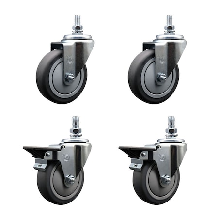 Service Caster 4 Inch Thermoplastic Rubber 12 Inch Threaded Stem Caster Set 2 Brakes SCC SCC-TS20S414-TPRB-121315-2-PLB-2